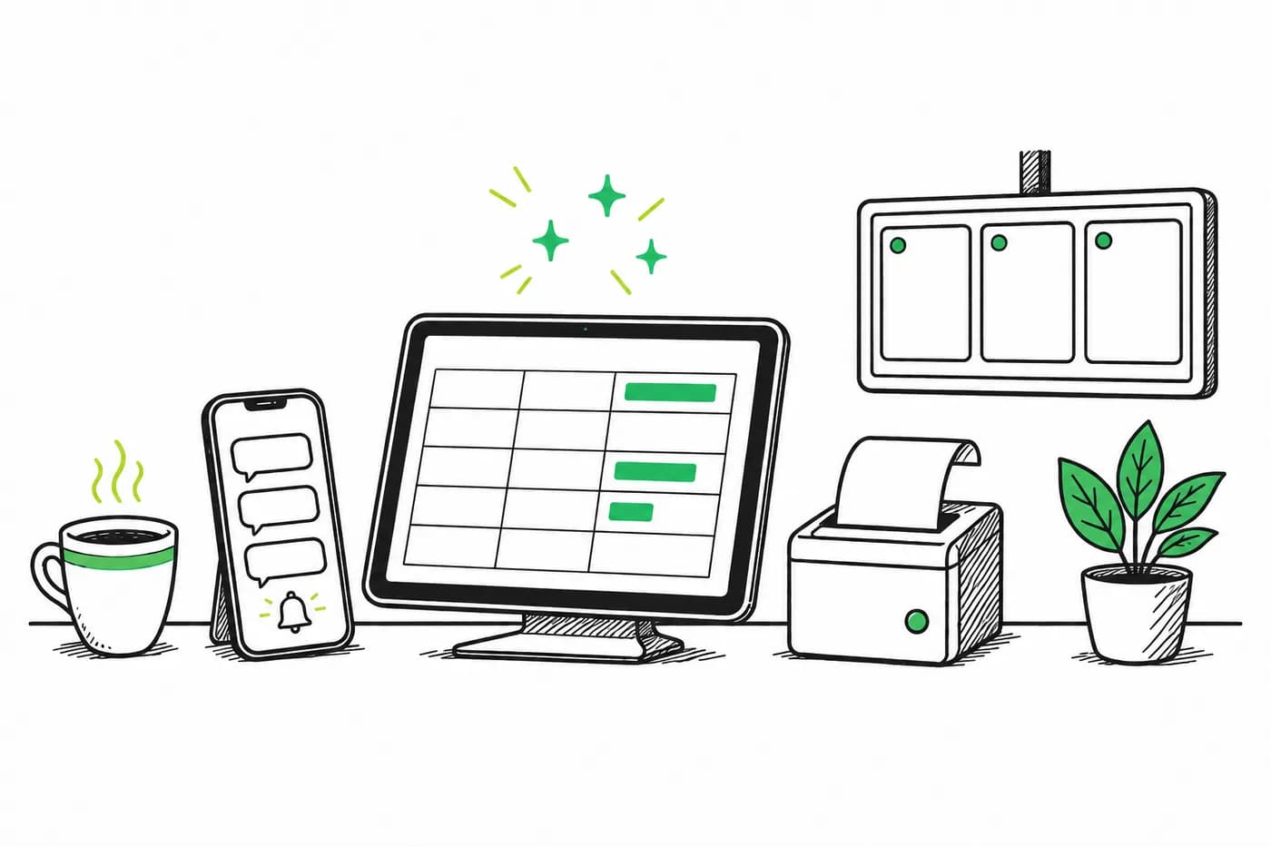 A restaurant counter with a billing tablet, kitchen screen, phone notifications and AI sparkles